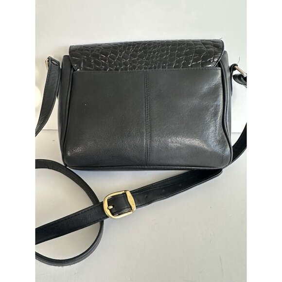 Vintage Etienne Aigner Flap Sling Bag Croc Embossed Black Leather 80s 90s Preppy - Picture 2 of 14